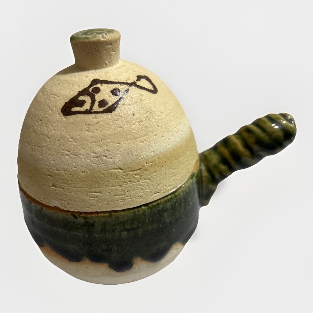 Vtg Neiman Marcus Japanese Pottery Pot De Creme Cup Lidded Fish Handle Oribe
